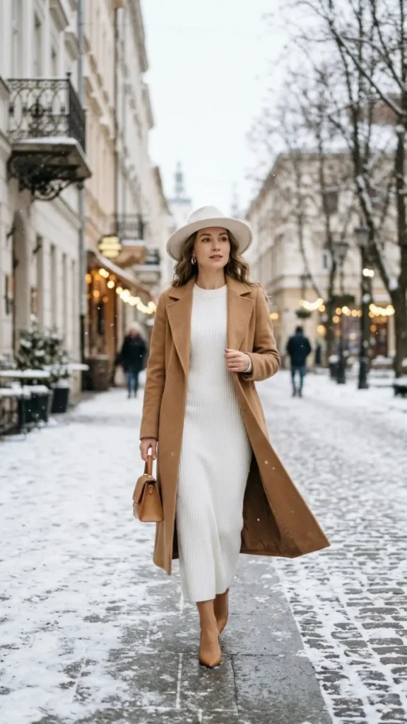 White winter dress paired with a wool coat and wide-brim hat for an elegant cold-weather outfit.