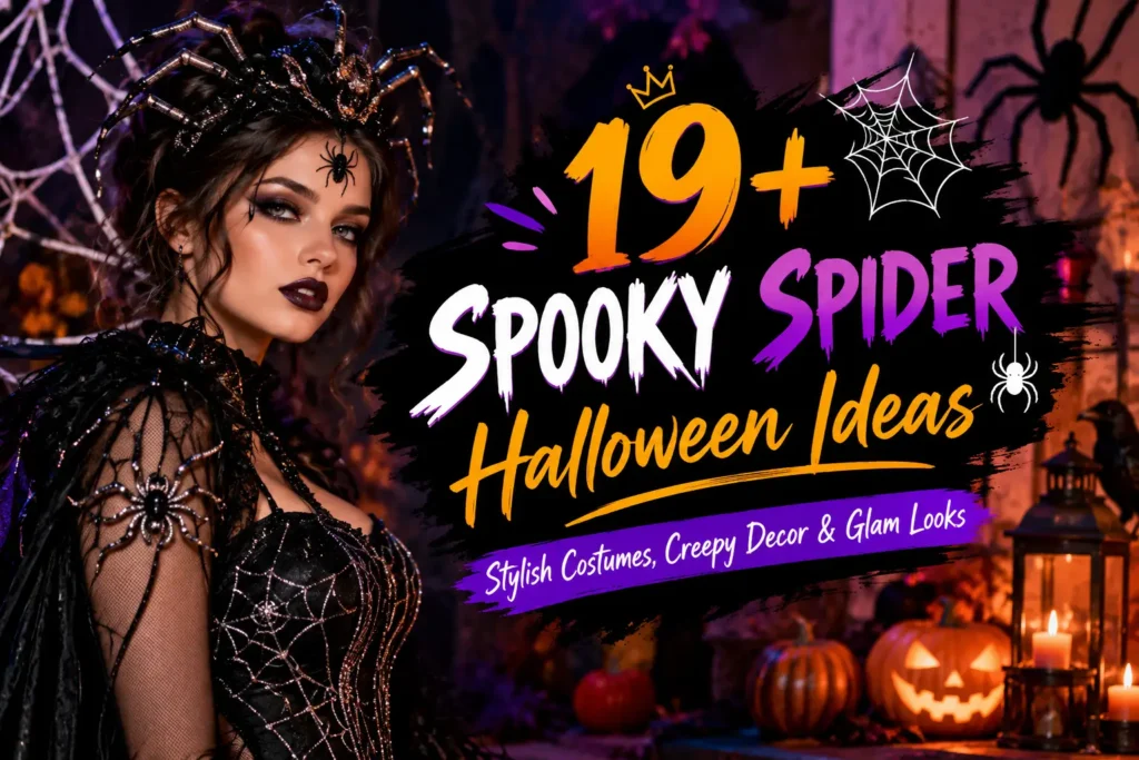 Spooky spider Halloween ideas featuring stylish spider costumes, creepy decorations, glamorous makeup, and creative Halloween looks.
