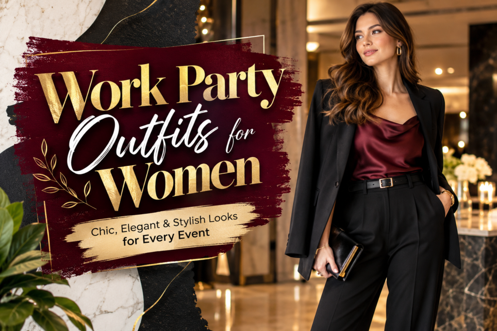 Elegant work party outfits for women featuring chic dresses, tailored blazers, satin skirts, and stylish evening looks for every event.